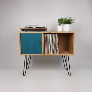 Sideboard Eiche Royalblau Tür | Haarnadel Beine | Medien Konsole | Schallplattenschrank | Schallplattenaufbewahrung