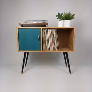 Oak Console Table | Blue Door and Original Vintage Brass Handle | Vinyl Record Storage | Credenza