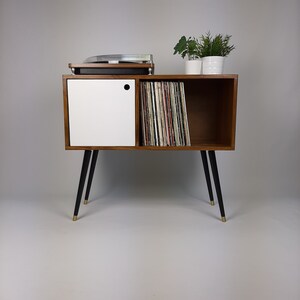 Walnut Sideboard with White Door, Brass Tipped Black Legs | Vinyl Record Storage | Mid Century Modern Table | Media Console
