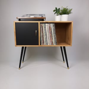 Oak Sideboard | Black Legs & Black Door with Vintage Brass Handle | Vinyl Record Storage