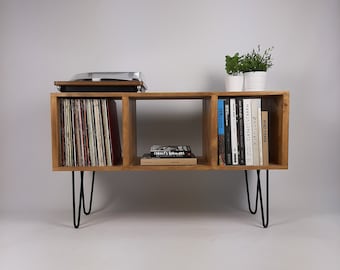 Chêne Grand buffet | Stockage de disques vinyles | Tableau d’enregistrement | Jambes en épingle à cheveux | Centre des médias | Table de la console | Buffet en bois massif