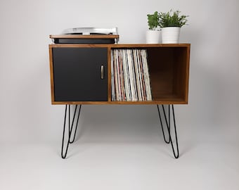 Walnut Sideboard w/ Hairpin Legs | Vinyl Record Storage | Record Table | Scandinavian Design | Side Table