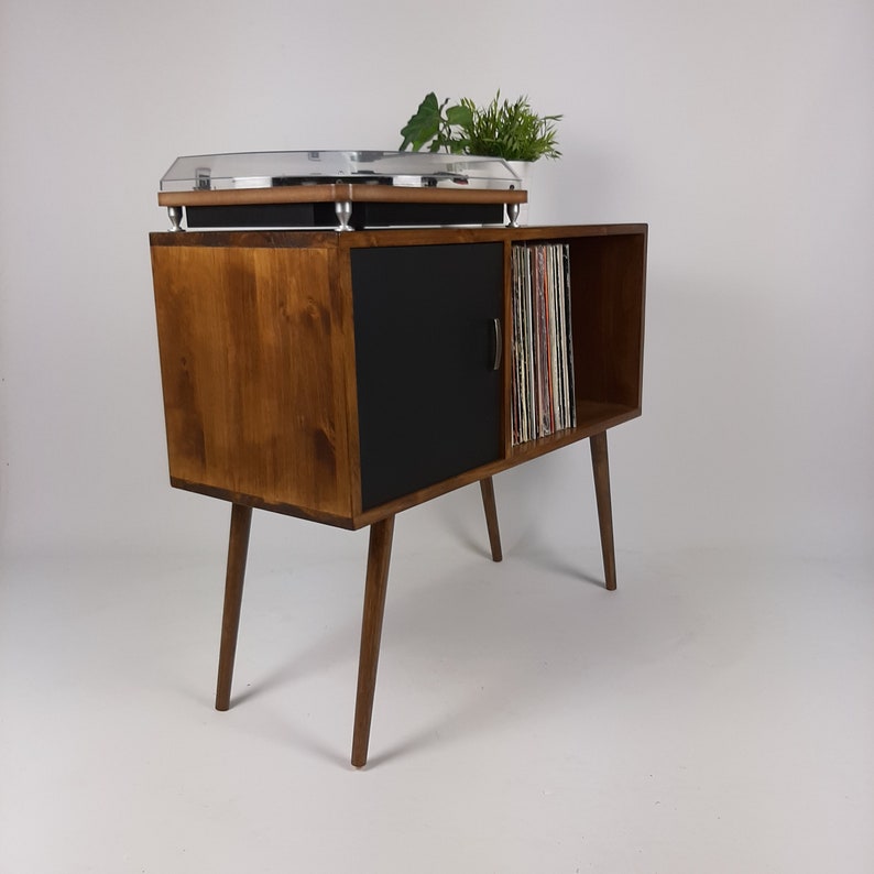 Record Table Walnut w/ Black Door and Wooden Legs Medium Sideboard Media Console Vinyl Cabinet Solid Wood Vinyl Record Table image 2