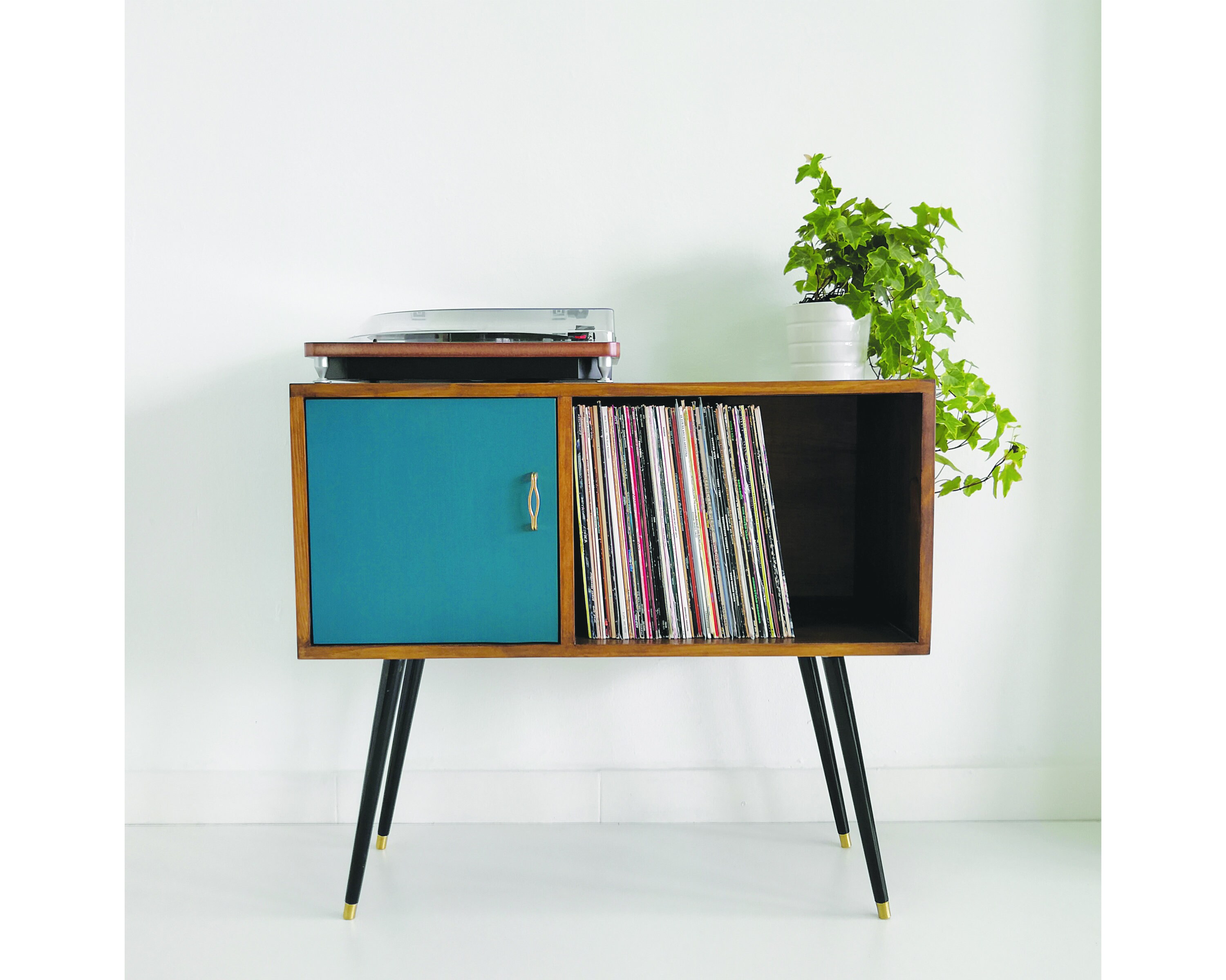 Walnut Sideboard Vinyl Record Storage Blue Door & Brass Etsy