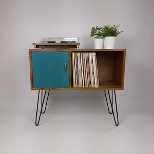 Walnut Sideboard Black Hairpin Legs & Royal Blue Door | Solid Wood Sideboard | Handmade | Vinyl record Storage