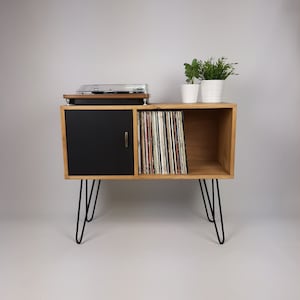 Oak Sideboard Black Hairpin Legs & Door | Medium Sideboard | Vinyl Storage | Mid Century Modern | Buffet