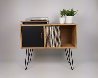 Oak Sideboard Black Hairpin Legs & Door | Medium Sideboard | Vinyl Storage | Mid Century Modern | Buffet