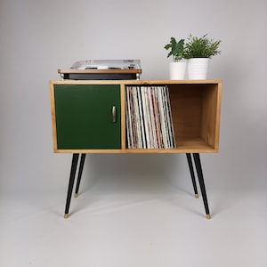 Oak Console Table | Green Door and Original Vintage Brass Handle | Vinyl Record Storage | Credenza