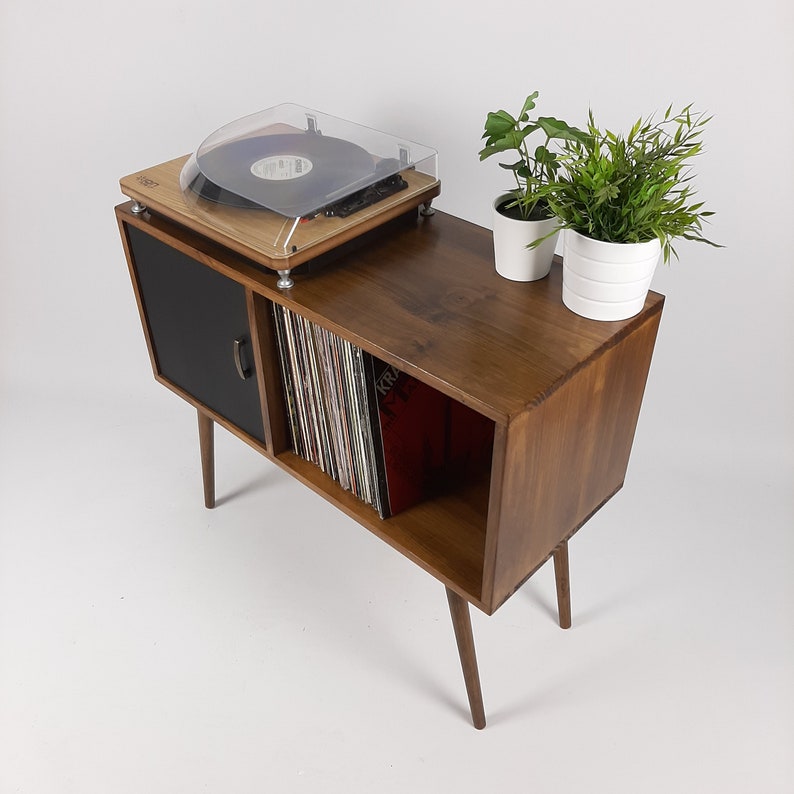 Record Table Walnut w/ Black Door and Wooden Legs Medium Sideboard Media Console Vinyl Cabinet Solid Wood Vinyl Record Table image 3