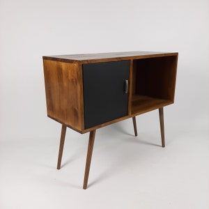 Record Table Walnut w/ Black Door and Wooden Legs Medium Sideboard Media Console Vinyl Cabinet Solid Wood Vinyl Record Table image 7