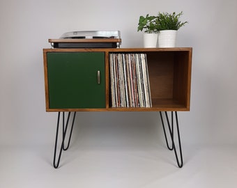 Vinyl Record Storage | Walnut Sideboard with Black Hairpin Legs | Emerald Green