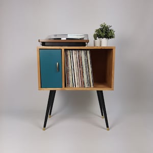 Oak Sideboard with Royal Blue Door | Vinyl Record Storage | Console Table | Record Cabinet | Mid Century Modern Legs | Dansette Record Table