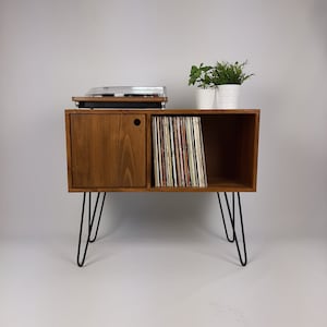 Walnut Sideboard with Black Hairpin Legs | Vinyl Record Storage | Minimalist Record Table  |  Sideboard