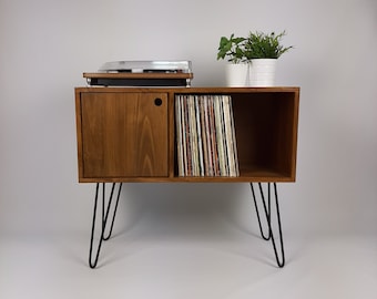 Walnut Sideboard with Black Hairpin Legs | Vinyl Record Storage | Minimalist Record Table  |  Sideboard