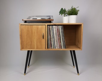 Oak Sideboard | Solid Wood Sideboard | Vinyl Record Storage | Mid Century Modern | Medium Cabinet | With Brass