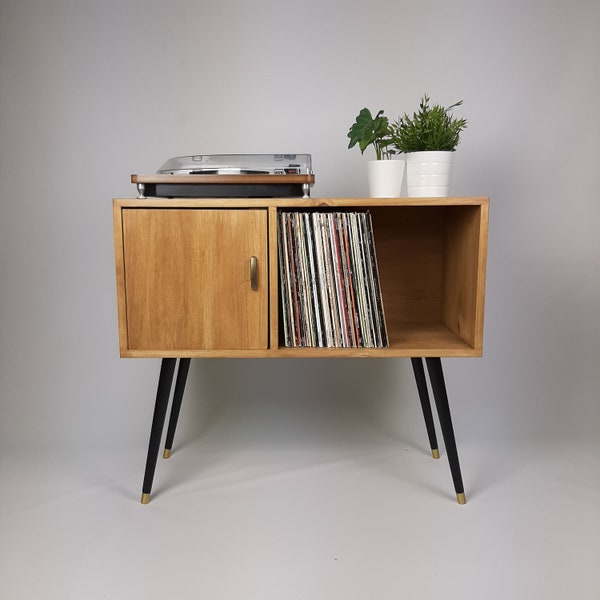 Oak Sideboard | Solid Wood Sideboard | Vinyl Record Storage | Mid Century Modern | Medium Cabinet | With Brass