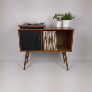 Record Table Walnut w/ Black Door and Wooden Legs Medium Sideboard Media Console Vinyl Cabinet Solid Wood Vinyl Record Table image 8