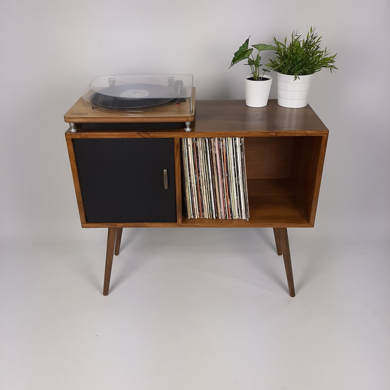 Record Table Walnut w/ Black Door and Wooden Legs Medium Sideboard Media Console Vinyl Cabinet Solid Wood Vinyl Record Table image 5