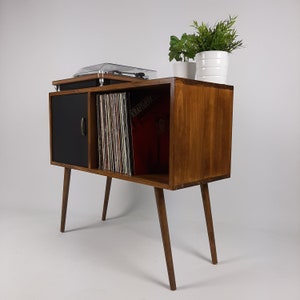 Record Table Walnut w/ Black Door and Wooden Legs Medium Sideboard Media Console Vinyl Cabinet Solid Wood Vinyl Record Table image 4
