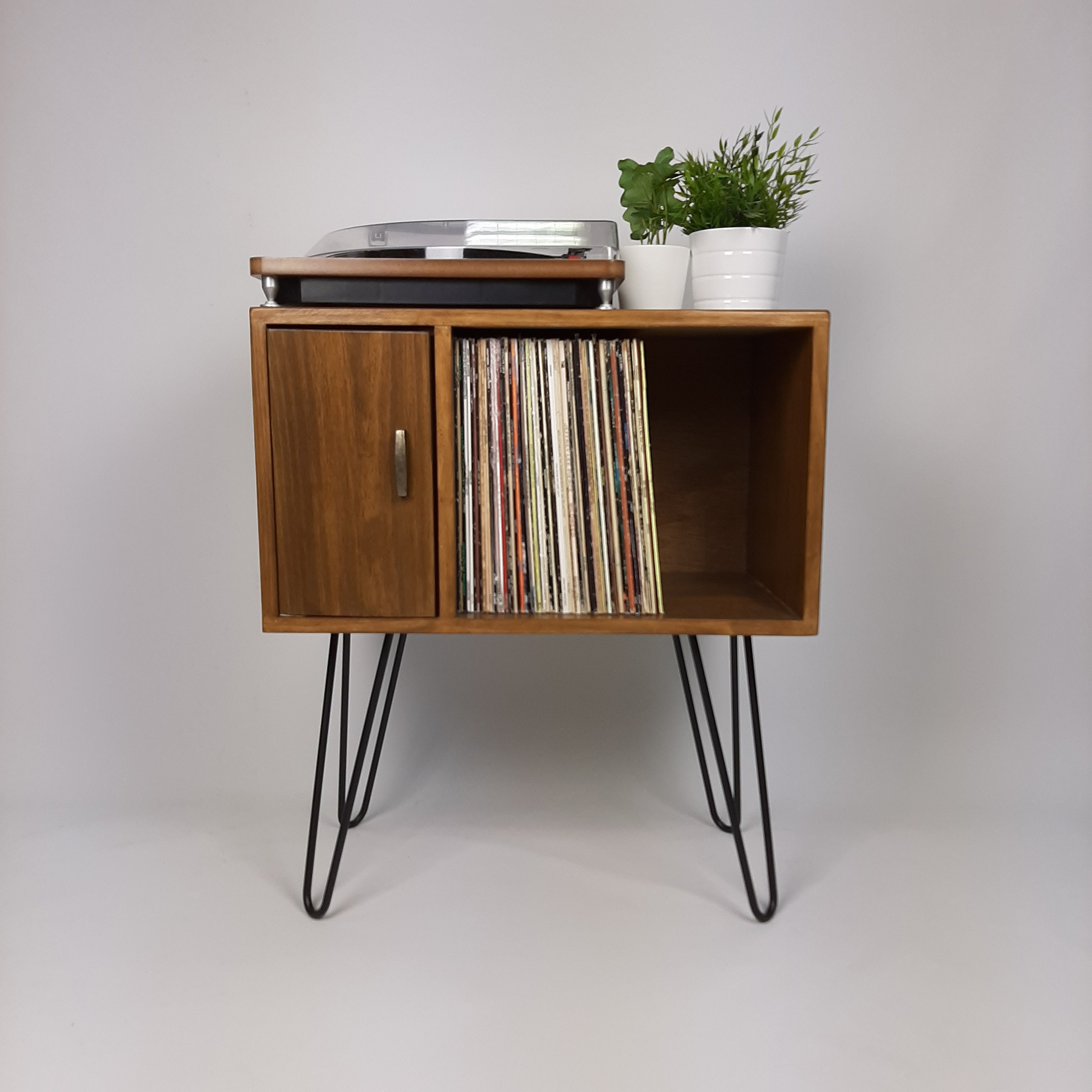 Designer Cabinet Small Media Console Brass Hairpin Legs Walnut Sideboard  Vinyl Record Storage Danish Furniture Scandi 