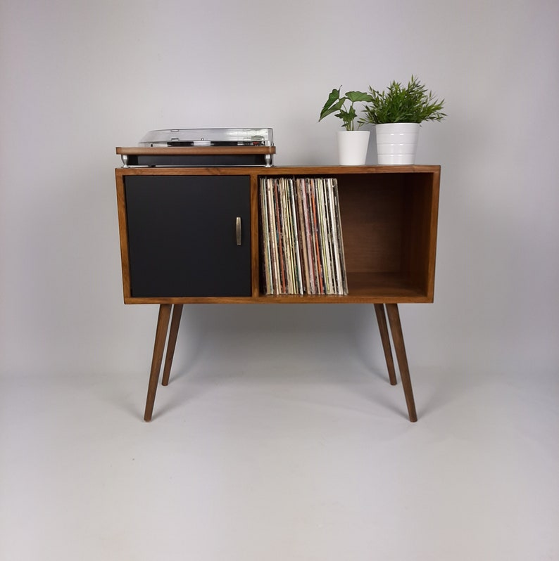 Record Table Walnut w/ Black Door and Wooden Legs Medium Sideboard Media Console Vinyl Cabinet Solid Wood Vinyl Record Table image 1