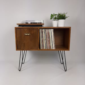 Vinyl Record Storage | Walnut Sideboard | Brass Handle | Media Console | Black Hairpin Legs | Mid Century Modern | Credenza