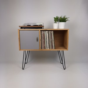 Oak Sideboard with Grey Door & Black Hairpin Legs | Medium Sideboard | Vinyl Storage | Mid Century Modern | Buffet