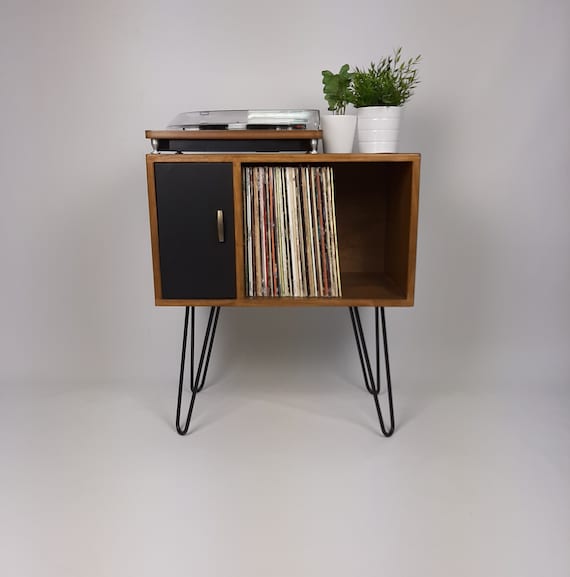 Small Walnut Sideboard Black Door Hairpin Legs Record Deck Table