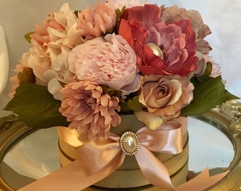 Flower hat box, bridal shower centerpiece, wedding centerpiece, birthday decorations, rhinestone flower arrangement, bridal decorations