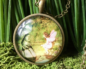 FAIRYTALE PENDANT, Frog and Fairy Pendant, Art Pendant, Fairytale Necklace, Whimsical Pendant, Fairytale Favors, Enchanted Garden Favors