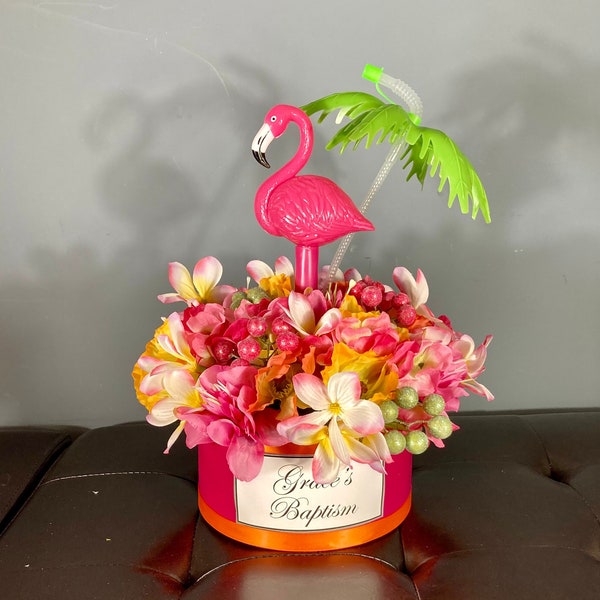 FLAMINGO CENTERPIECE, Flamingo Lovers Gift, Flamingo Decor, Summertime Centerpiece, Palm Tree Centerpiece, Backyard Summer Decor, Tropical