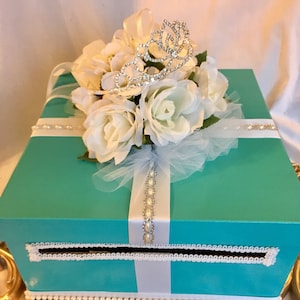 DIAMONDS AND PEARLS Centerpiece, Glitz and Glam Centerpiece, Bridal Shower Mail Box, Glitz and Glam Mailbox, Robin Egg Blue Centerpiece