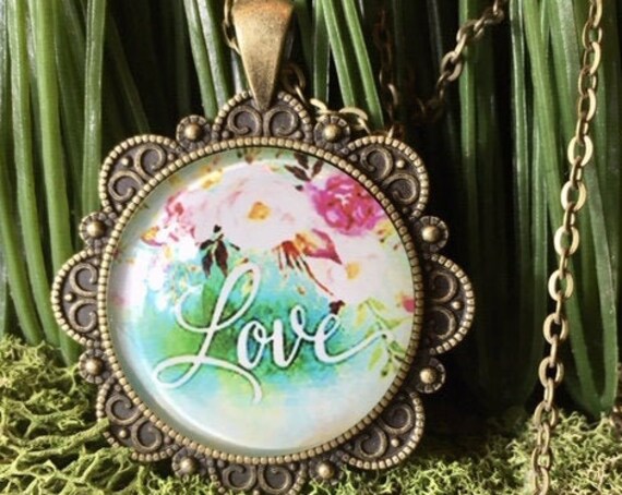 LOVE GLASS PENDANT, Love Pendant, Love Necklace, Whimsical Jewelry, Glass Charm and Bronze Pendant, Bridal Party Gifts, Bridesmaid Gifts
