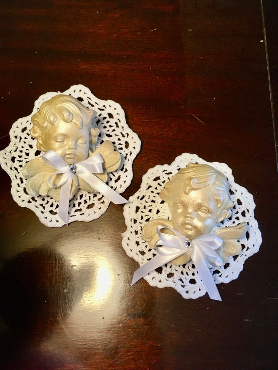 Set of 2pc CHERUB WALL HANGING, Cherub Decorations, Religious Centerpiece, Communion Favors, Christening Favors, Angel Wall hanging