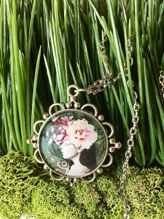 FASHION NECKLACE,  Flower Hat Lady Pendant, Tea Party Favors, Designer Necklace, Bridesmaid Gifts, Mother's Day Gift, Fantasy Jewelry