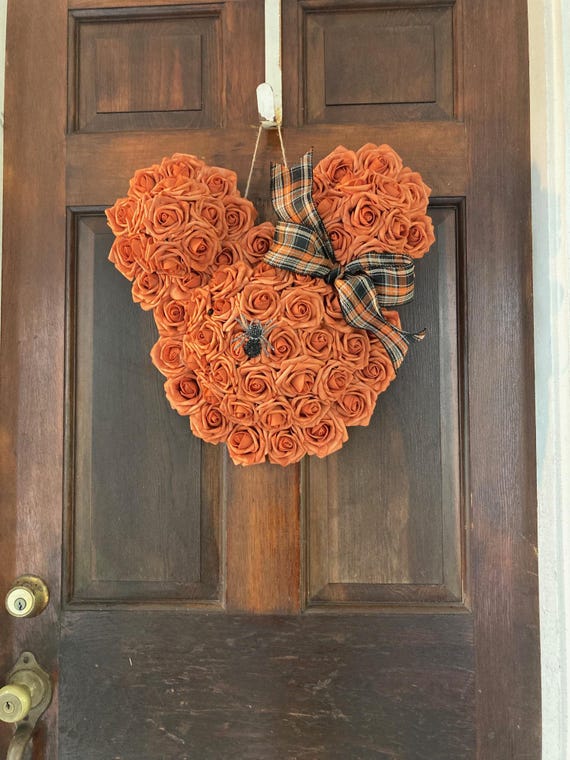 Autumn Mickey Halloween Wreath, Orange Fall Flower Door Decor, Foam Rose Wreath, Mickey Autumn Door Decor, Enchanted Halloween Home Decor