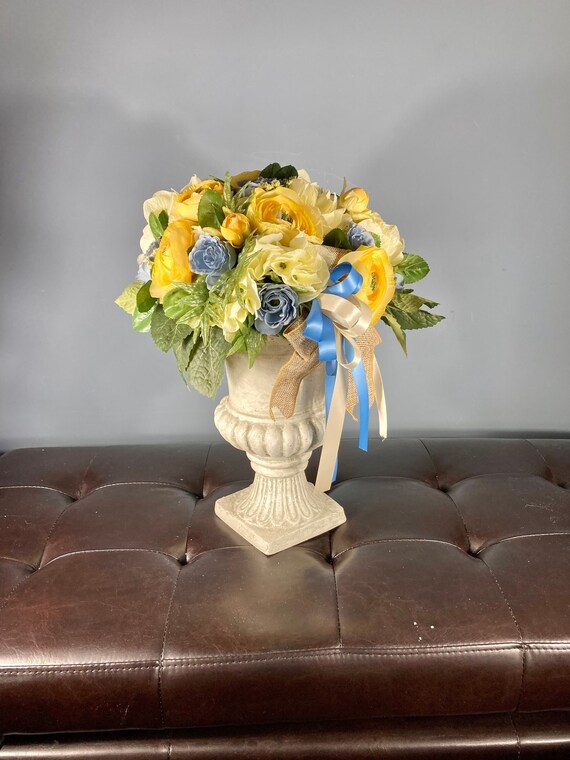 FLORAL CENTERPIECE, Heavy Base Floral Outdoor Table Centerpiece, Yellow Blue and Ivory Floral Centerpiece in Urn, Rustic Urn Centerpiece