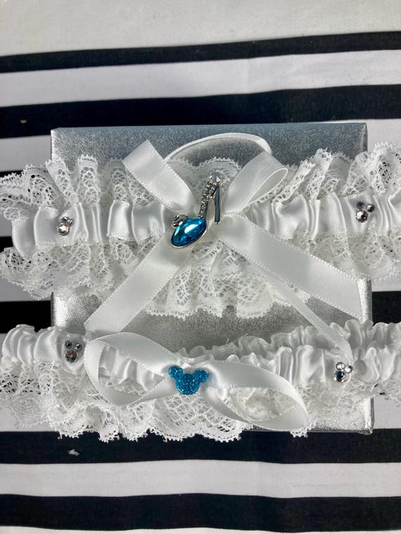 CINDERELLA WEDDING GARTER Set, Disney Wedding Garter, Mickey Wedding Garter, Fairy Tale Garter, Disney Slipper Charm, Blue Lace
