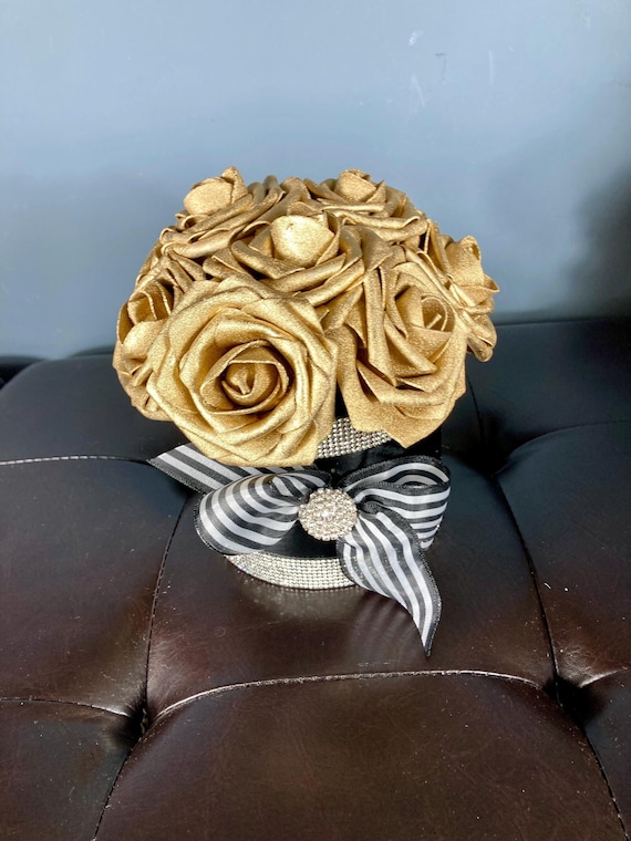 GOLD ROSE CENTERPIECE, Hat Box Centerpiece, Gold and Black Centerpiece, Paris Bedroom Decor, Paris Birthday Decor, Gold and Black Home Decor