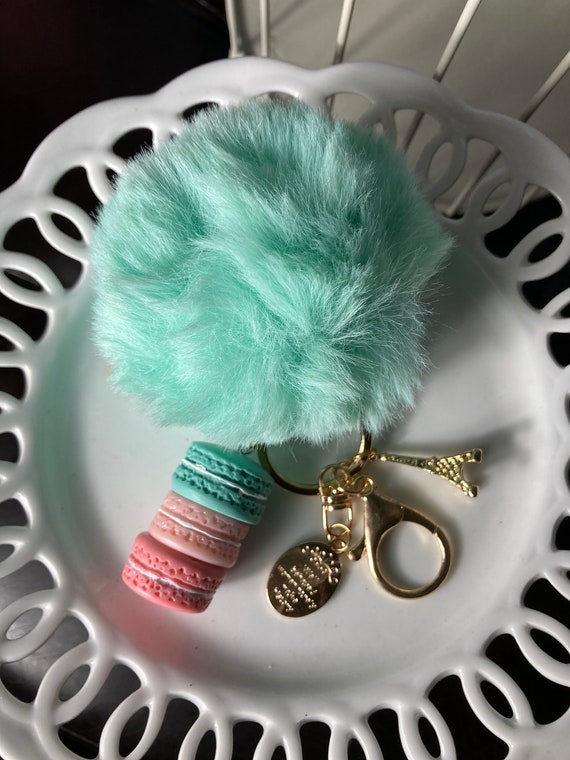 EIFFEL TOWER KEYCHAIN, Paris Lovers Gift, Paris Bridal Shower Favor, Paris 50th Gifts, Mint and Pink Eiffel Tower Pom Pom Key Chain, Macaron