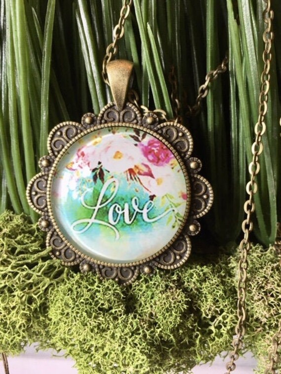 LOVE GLASS PENDANT, Love Pendant, Love Necklace, Whimsical Jewelry, Glass Charm and Bronze Pendant, Bridal Party Gifts, Bridesmaid Gifts