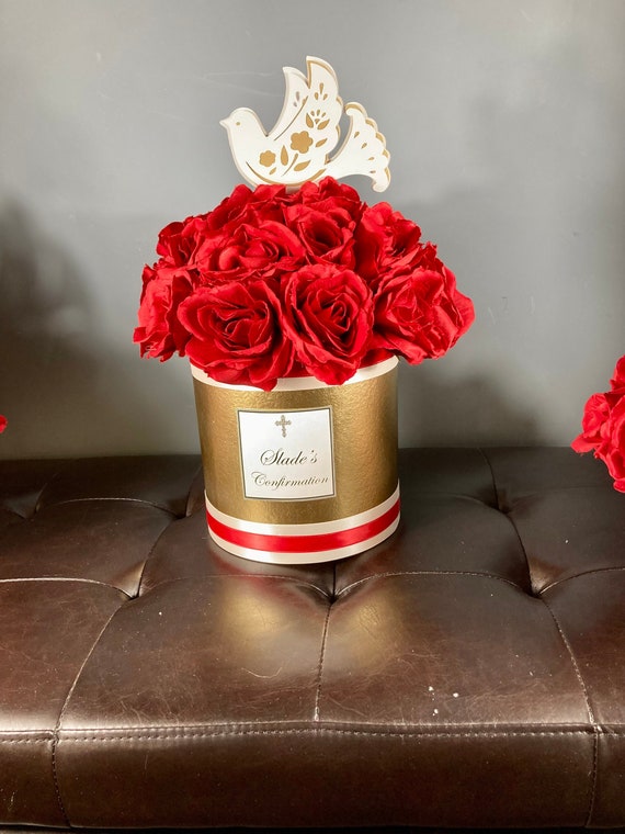 CONFIRMATION CENTERPIECE, Dove Wedding Centerpiece, Confirmation Decor, Red and Gold, Confirmation Decorations, Dove Centerpiece, hat box