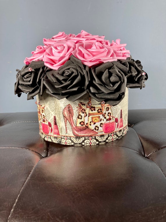 HIGH HEEL CENTERPIECE, Flowers in Hat Box, Paris Vanity Decor, Paris Bedroom Decorations, Paris Birthday Centerpiece, Paris 50th Birthday