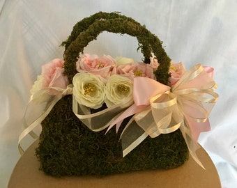 MOSS PURSE CENTERPIECE, Garden Party Decor, Tea Party Decor, Ladies Luncheon Decor, Garden Party Bridal Shower, Garden Birthday Decor