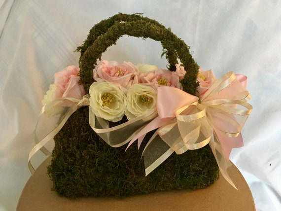 purse centerpiece, flower bag centerpiece, bridal shower centerpiece, moss bag centerpiece, birthday flower purse, garden party centerpiece
