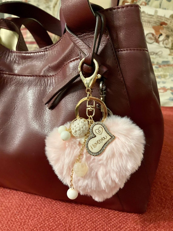 HEART KEYCHAIN, Pink Heart Purse Keychain, Heart Lovers Gift, Blush Heart Backpack Keychain, Dangling Heart Keychain, Faux Fur Heart, charm