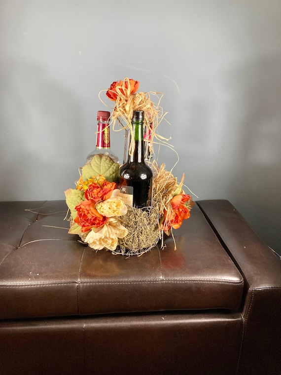 3 BOTTLE WINE HOLDER, Wine Holder Centerpiece, Autumn Wine Holder, Decorative Wine Bottle Holder, Autumn Centerpiece, Autumn Wine Basket