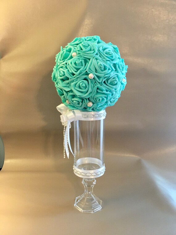 TEAL FLOWER BALL Centerpiece, Robin Egg Blue Centerpiece, Flower Ball Centerpiece, Teal Pomander, Teal Bouquet, Bridal Shower Centerpiece