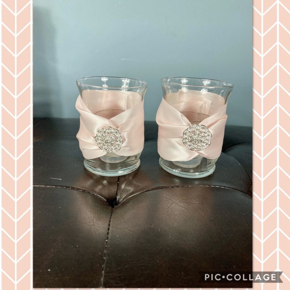 GLASS CANDLE HOLDER, Votive Candle Holder, Ribbon Candle Holder, Rhinestone Tealight Candle Holder, Blush Votive Candle Holder, Glass Vase