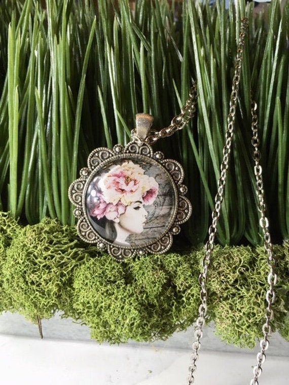 BLUSH FLOWER HAT Lady Pendant, Tea Party Favors, Designer Necklace, Bridal Party Gifts, Bridesmaid Gifts, Mother's Day Gift, Fantasy Jewelry
